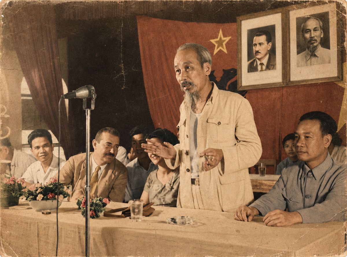 Bác căn dặn thầy trò trong lần thứ hai về thăm Trường, 17/6/1960 — bên phải là Bộ trưởng Nguyễn Văn Huyên, bên trái là Hiệu trưởng Tạ Quang Bửu.